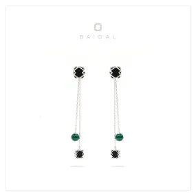 925 Sterling Silver with Black Onyx Malachite White Gold Plated Dangle Earrings for Women and Girls