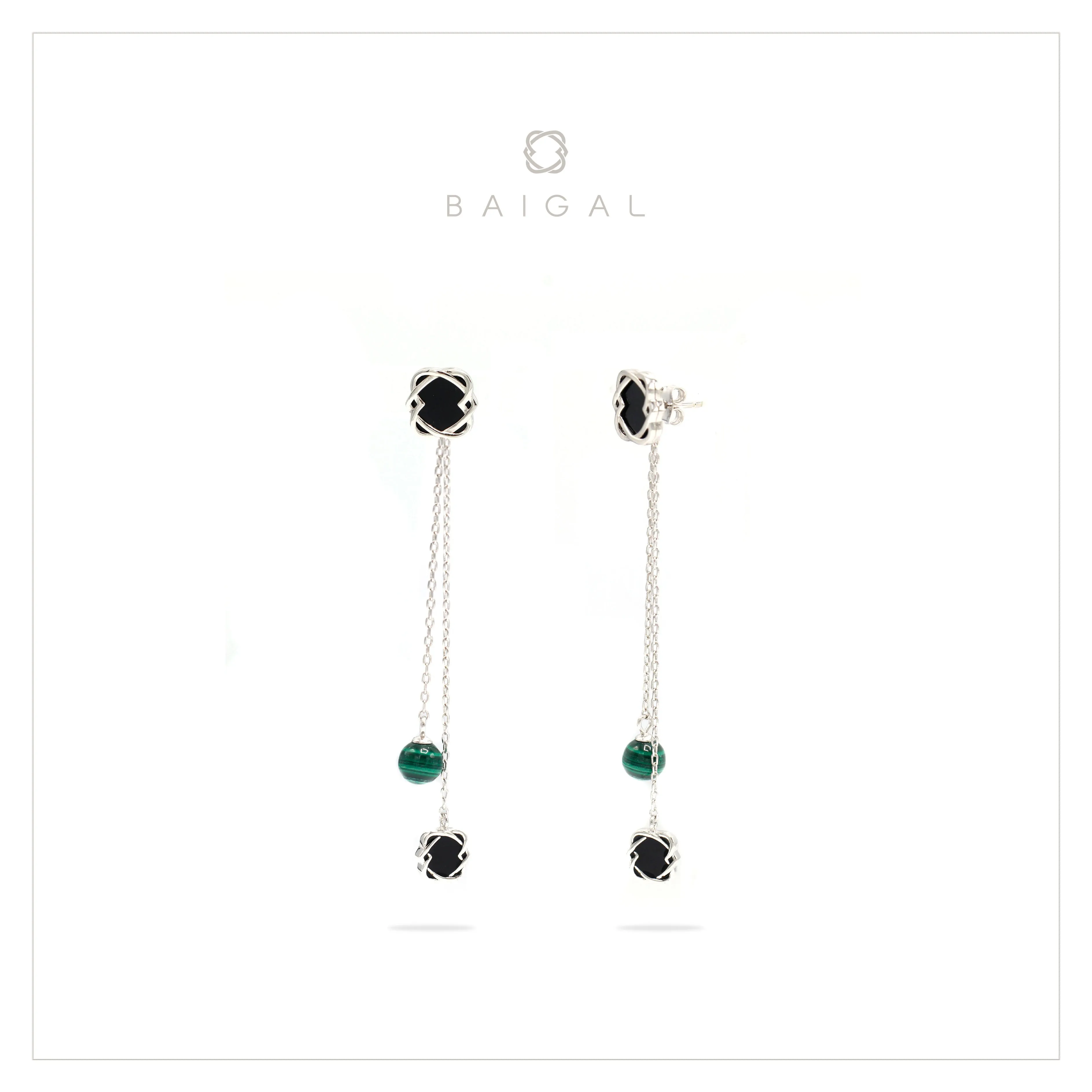 925 Sterling Silver with Black Onyx Malachite White Gold Plated Dangle Earrings for Women and Girls