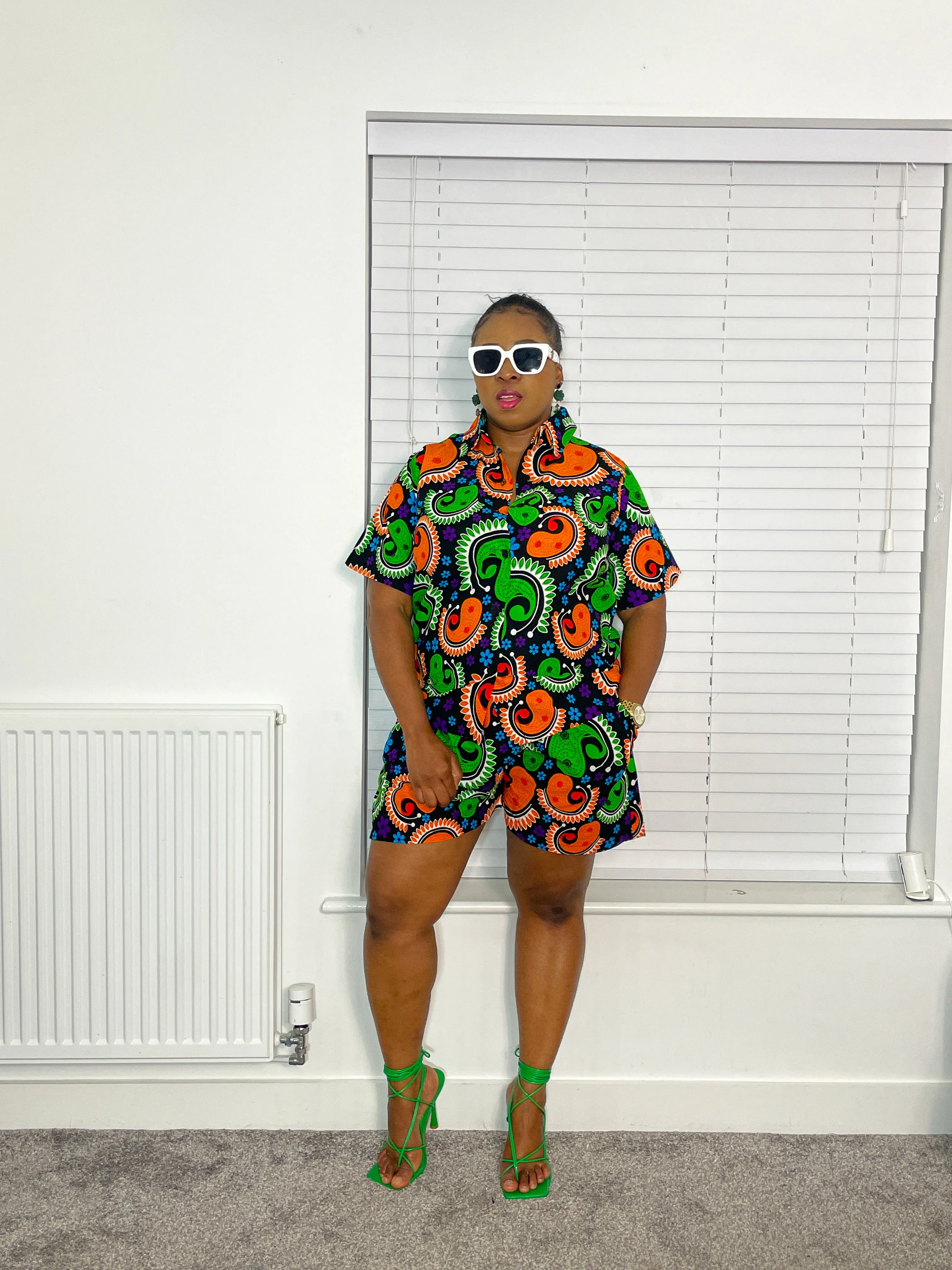 Barbara Ankara Shorts | Green and Orange Multicolored African Print