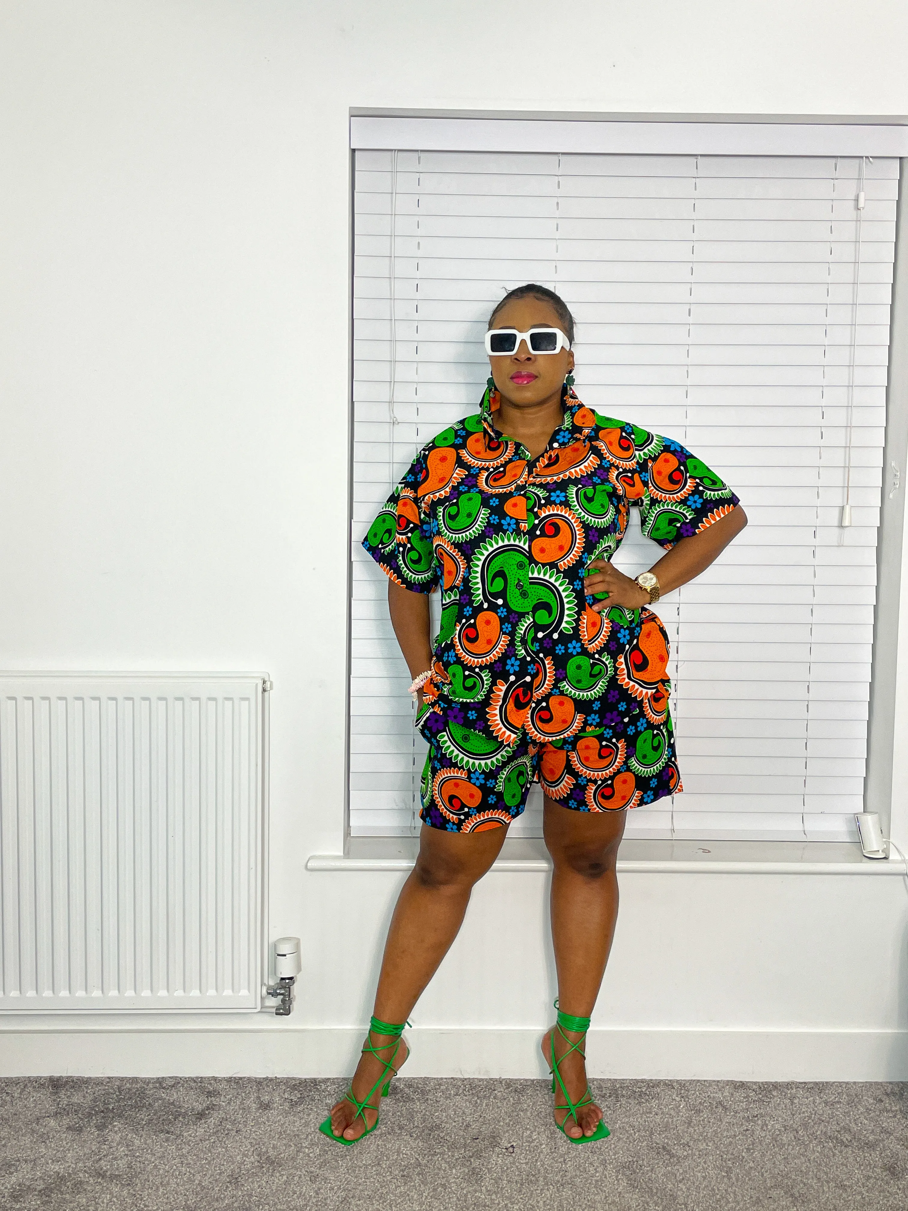 Barbara Ankara Shorts | Green and Orange Multicolored African Print