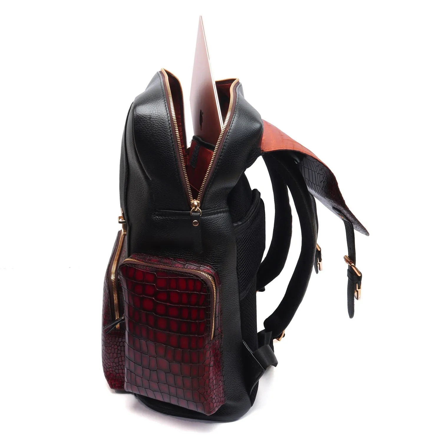 Contrasting Color Flap-Over Backpack in Croco Textured Genuine Leather