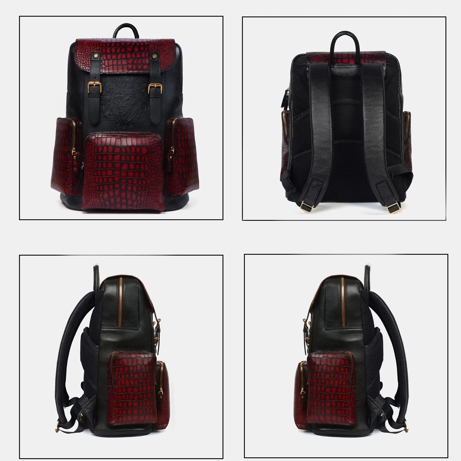 Contrasting Color Flap-Over Backpack in Croco Textured Genuine Leather