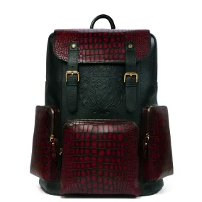 Contrasting Color Flap-Over Backpack in Croco Textured Genuine Leather