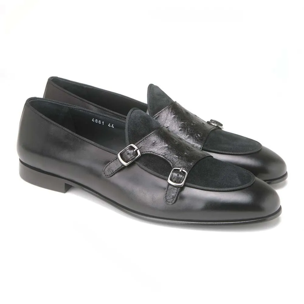 Corrente Black Leather Men’s Vamp Double Monk Strap Shoes