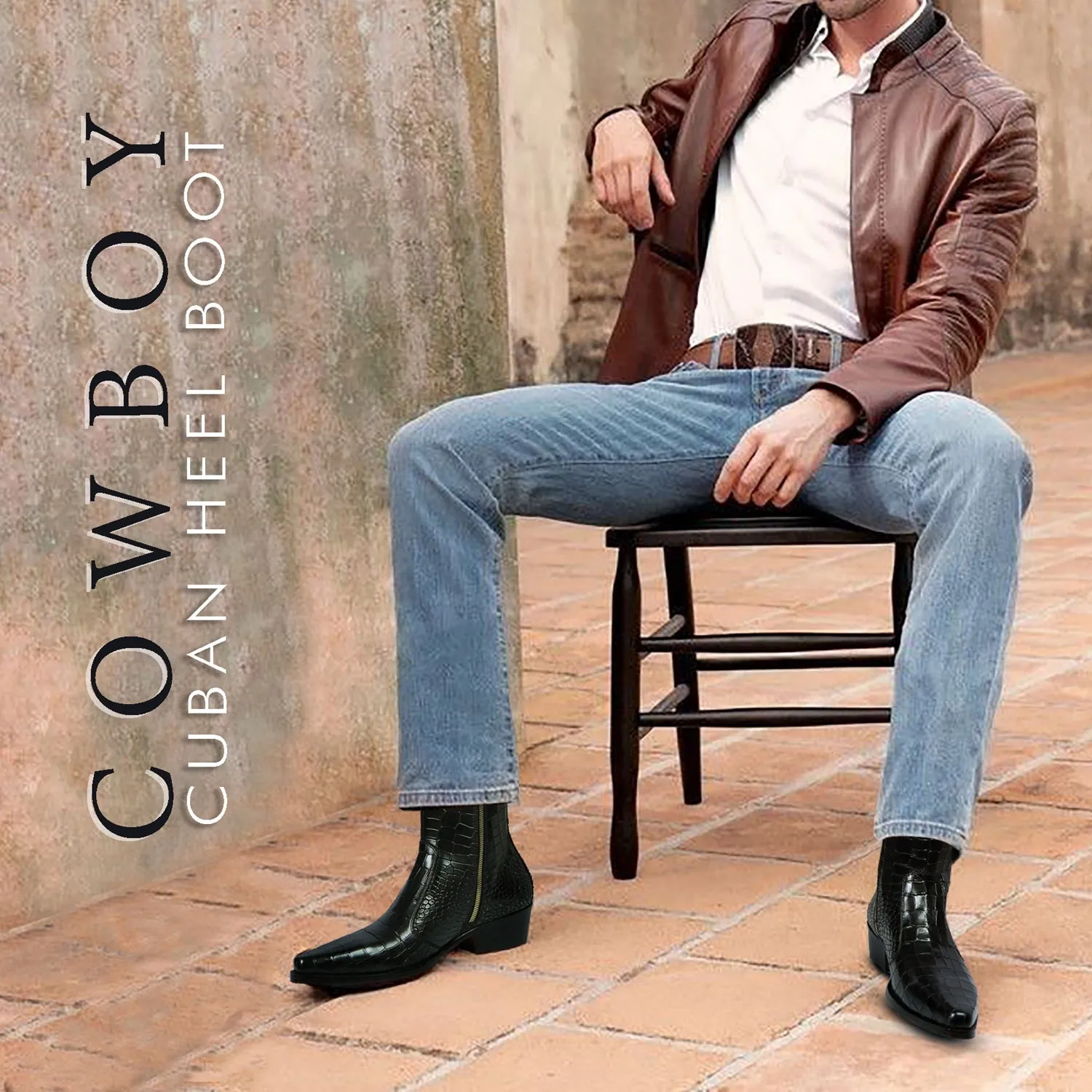 Cow Boy Cuban Heel Black Croco Textured Leather Boot