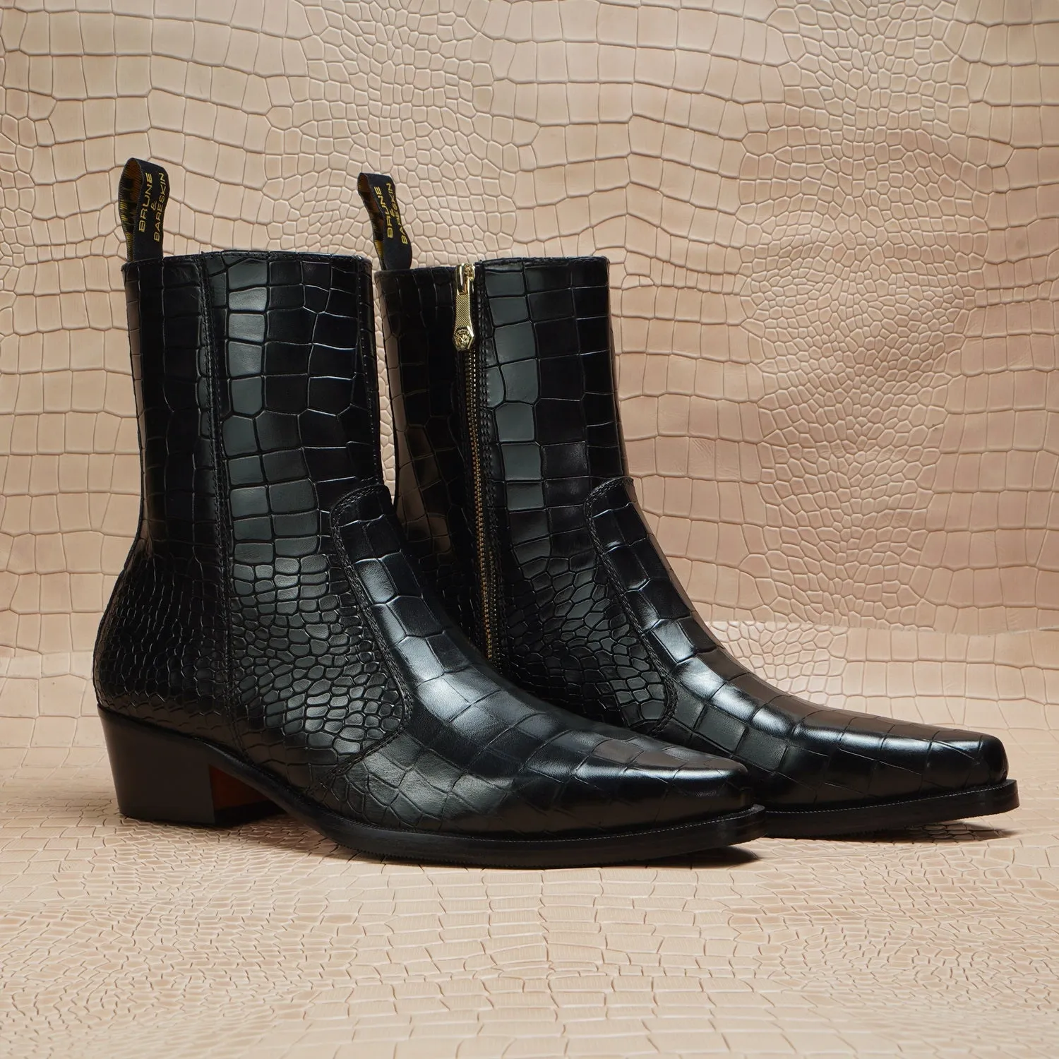 Cow Boy Cuban Heel Black Croco Textured Leather Boot