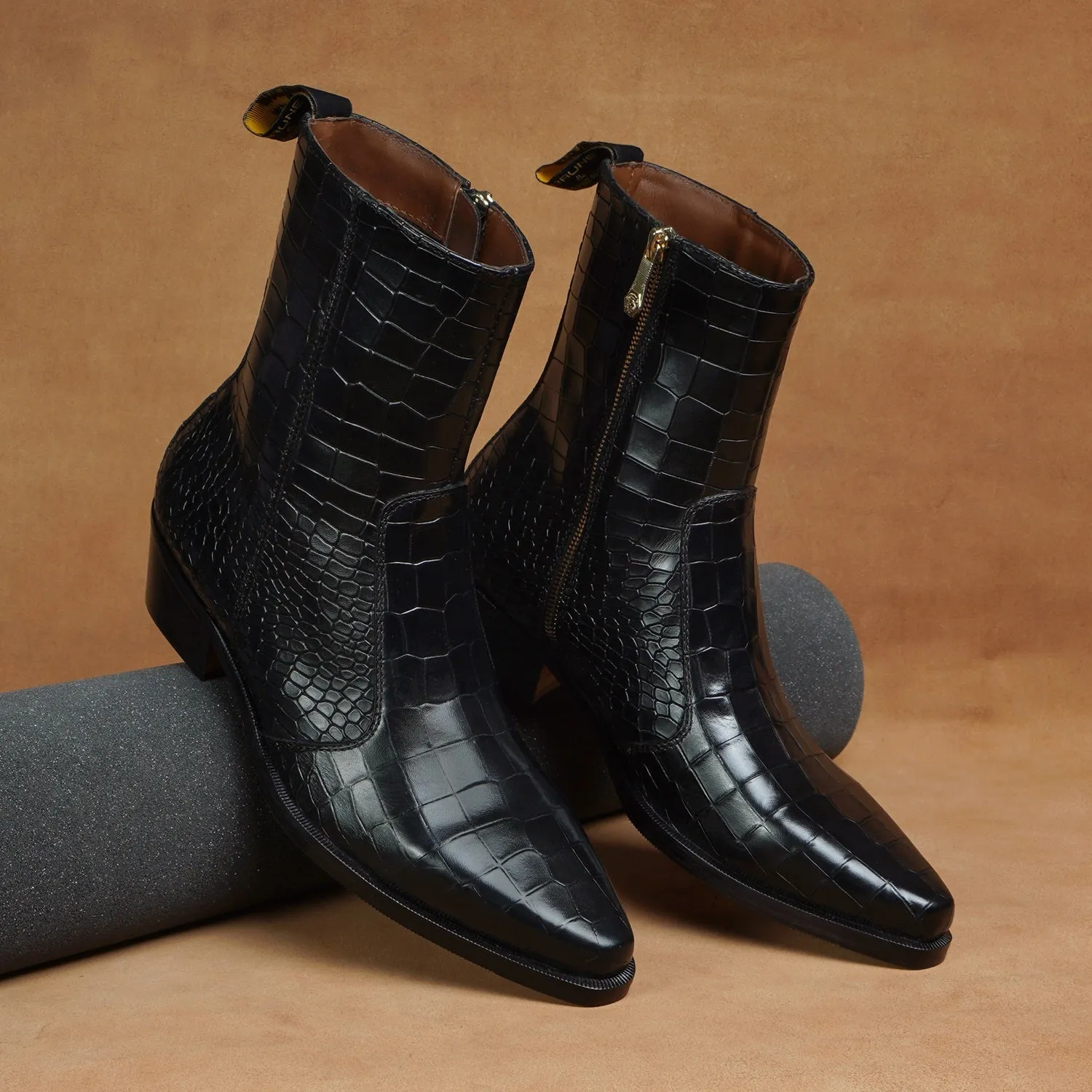 Cow Boy Cuban Heel Black Croco Textured Leather Boot