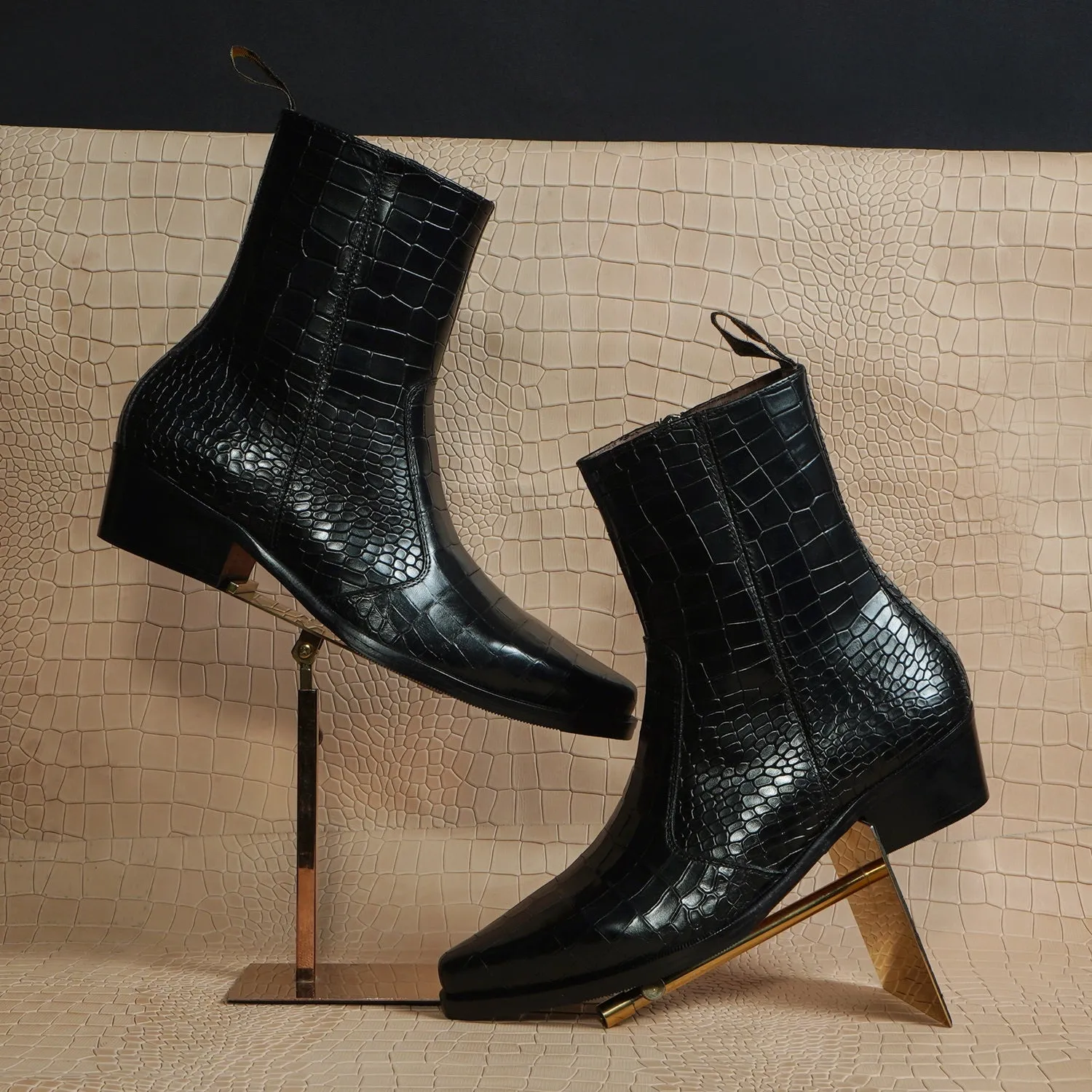 Cow Boy Cuban Heel Black Croco Textured Leather Boot