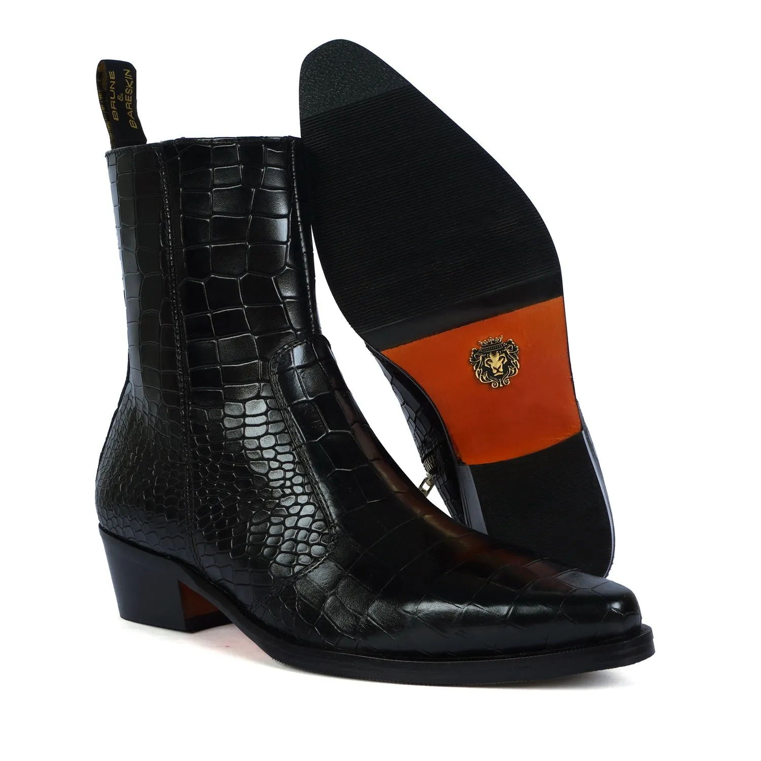 Cow Boy Cuban Heel Black Croco Textured Leather Boot