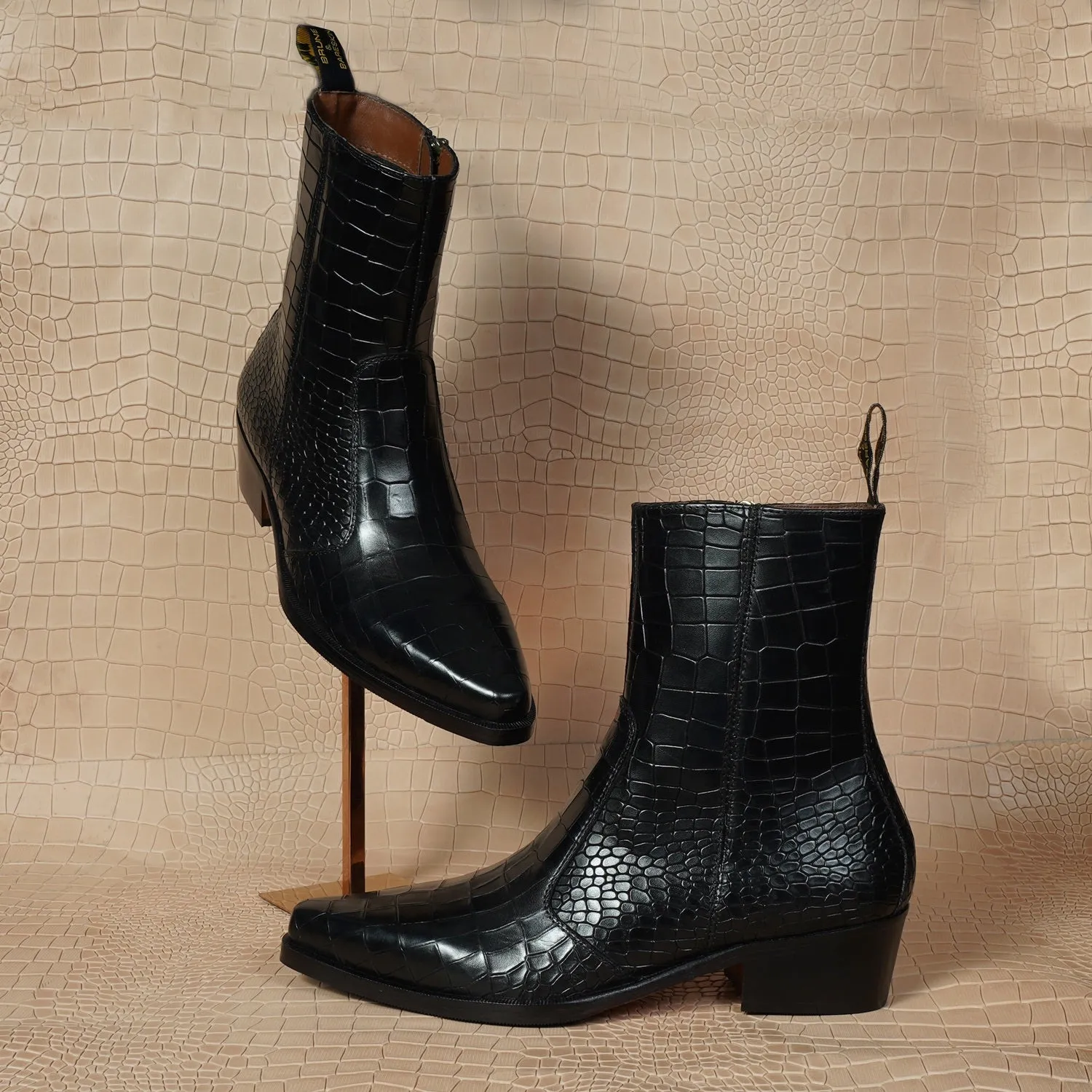 Cow Boy Cuban Heel Black Croco Textured Leather Boot