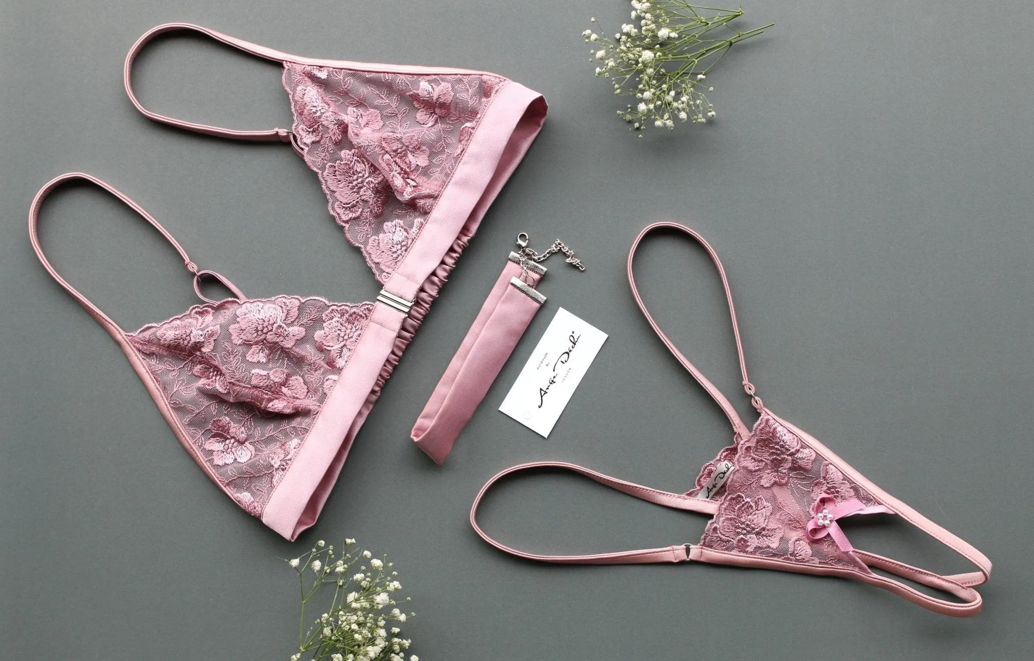 Crotchless lingerie set, G string panties bralette and choker in see through pink lace sexy sheer  lingerie