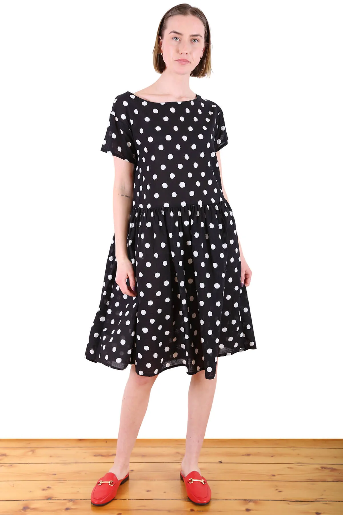 Cyan Spot Drop Waist Dress Black in Seersucker