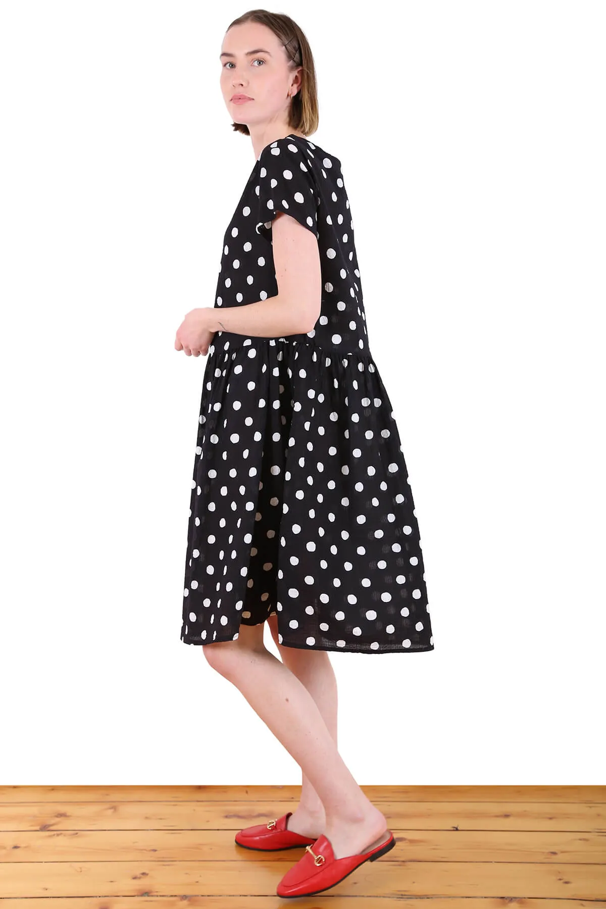 Cyan Spot Drop Waist Dress Black in Seersucker