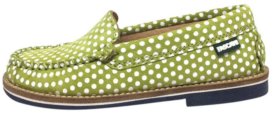 Fascani Girl's and Boy's Bright Olive Green Soft Suede Polka Dot Print Slip On Moccasin Loafer