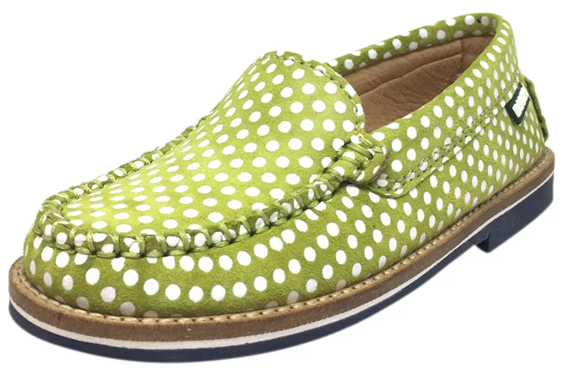 Fascani Girl's and Boy's Bright Olive Green Soft Suede Polka Dot Print Slip On Moccasin Loafer