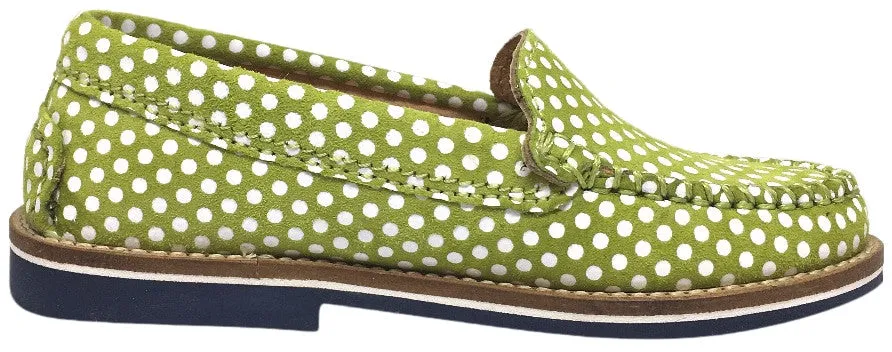 Fascani Girl's and Boy's Bright Olive Green Soft Suede Polka Dot Print Slip On Moccasin Loafer