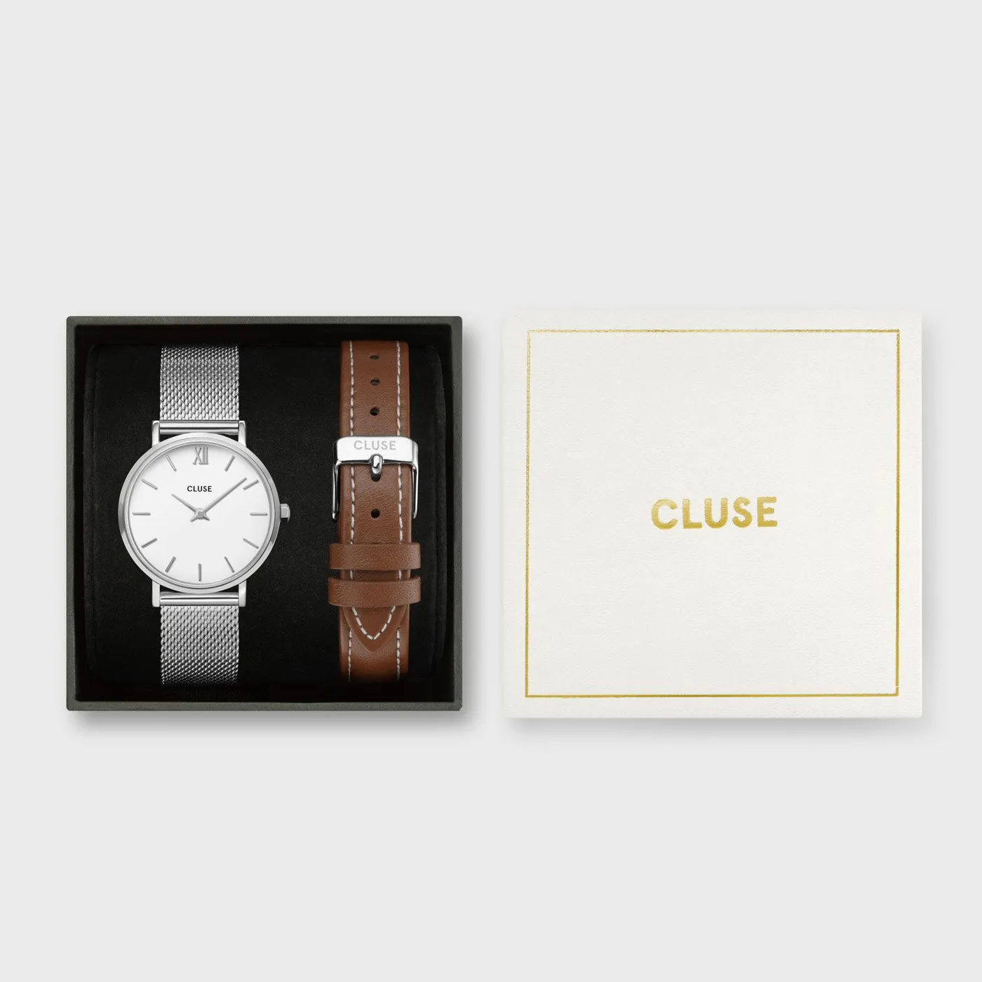 Gift Box Minuit Watch & Brown Leather Strap Silver Colour