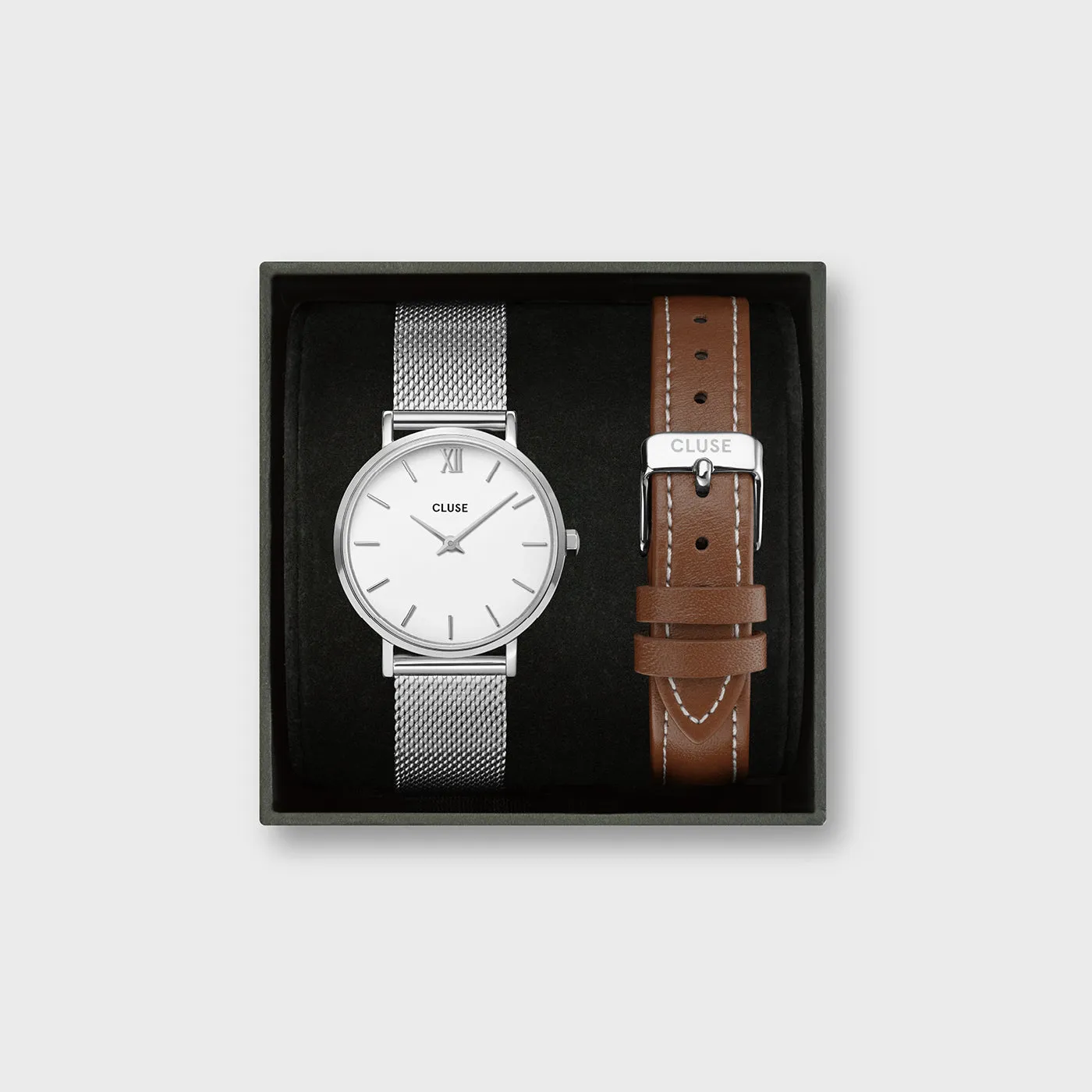 Gift Box Minuit Watch & Brown Leather Strap Silver Colour