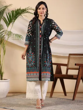 Juniper Black Geometric Printed Cotton Fusion Kurta With Contrast 3D Beadwork Side Tie-Ups & Coins