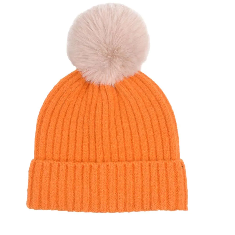 Solid Color Pom Pom Two Tone Beanie Hat