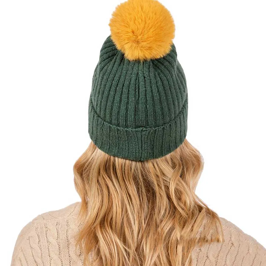 Solid Color Pom Pom Two Tone Beanie Hat