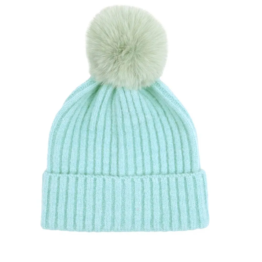 Solid Color Pom Pom Two Tone Beanie Hat