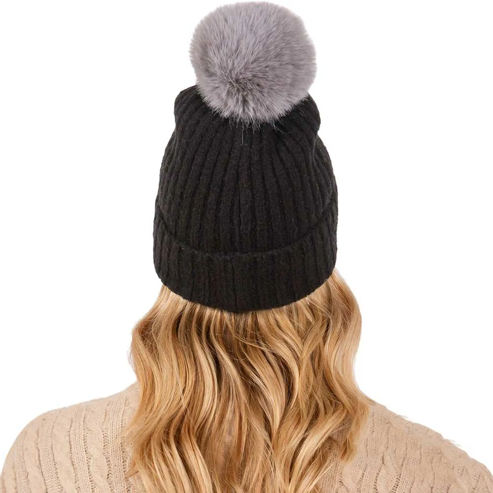 Solid Color Pom Pom Two Tone Beanie Hat