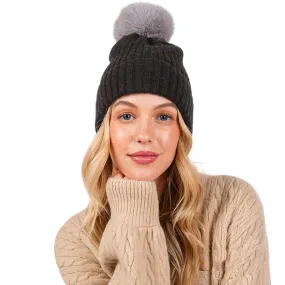 Solid Color Pom Pom Two Tone Beanie Hat