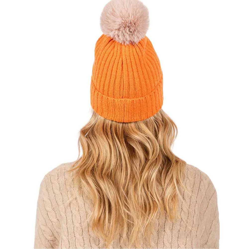 Solid Color Pom Pom Two Tone Beanie Hat