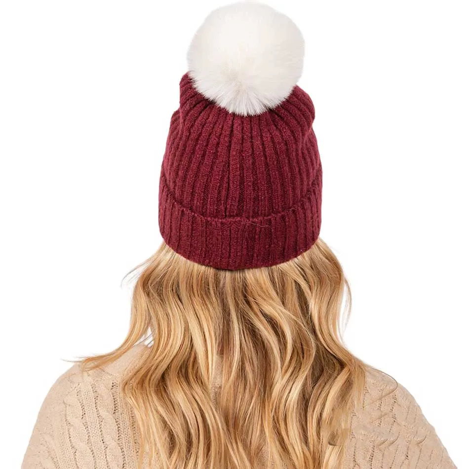 Solid Color Pom Pom Two Tone Beanie Hat