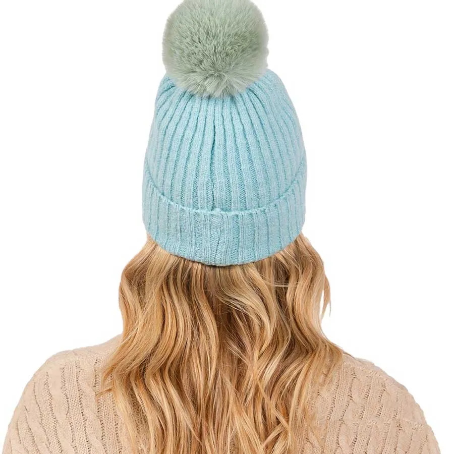 Solid Color Pom Pom Two Tone Beanie Hat