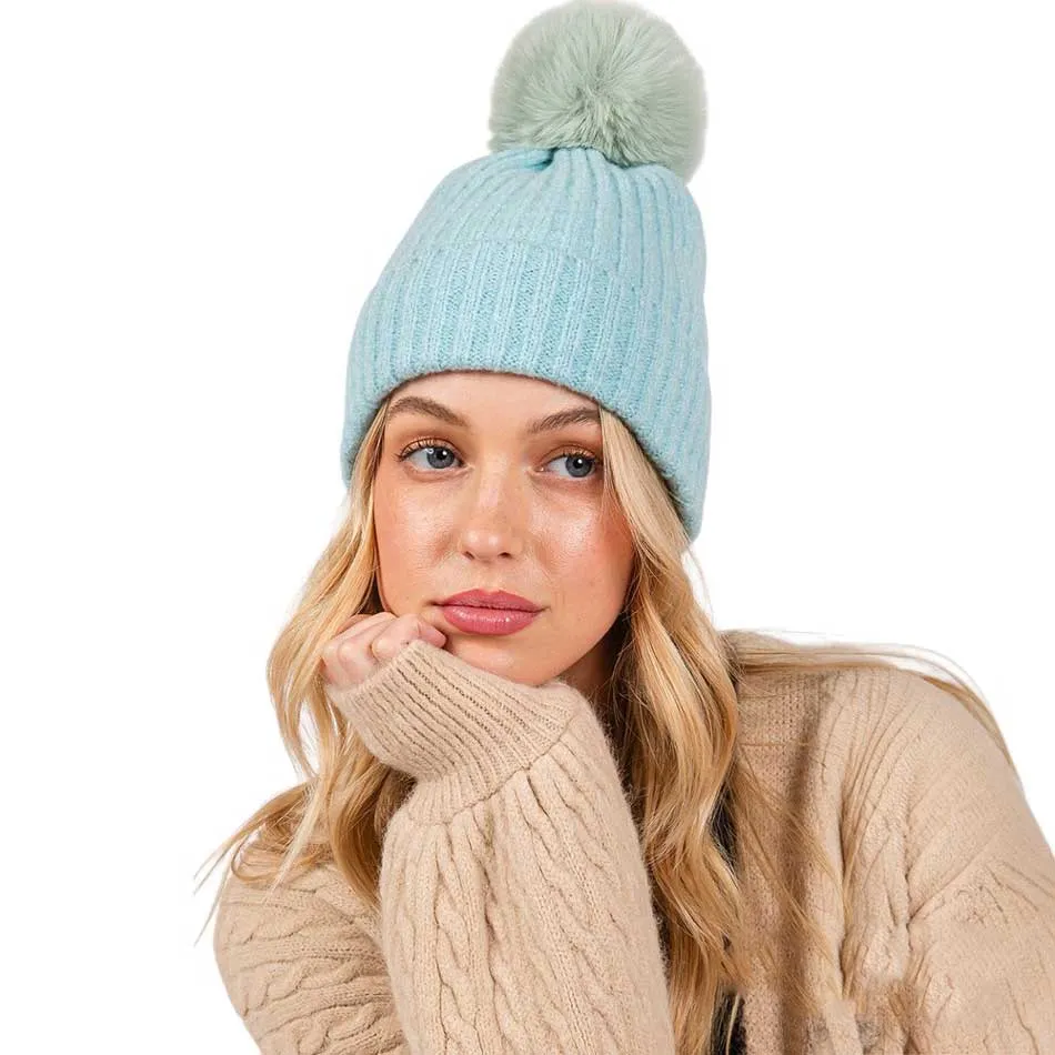 Solid Color Pom Pom Two Tone Beanie Hat