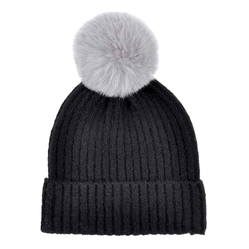 Solid Color Pom Pom Two Tone Beanie Hat