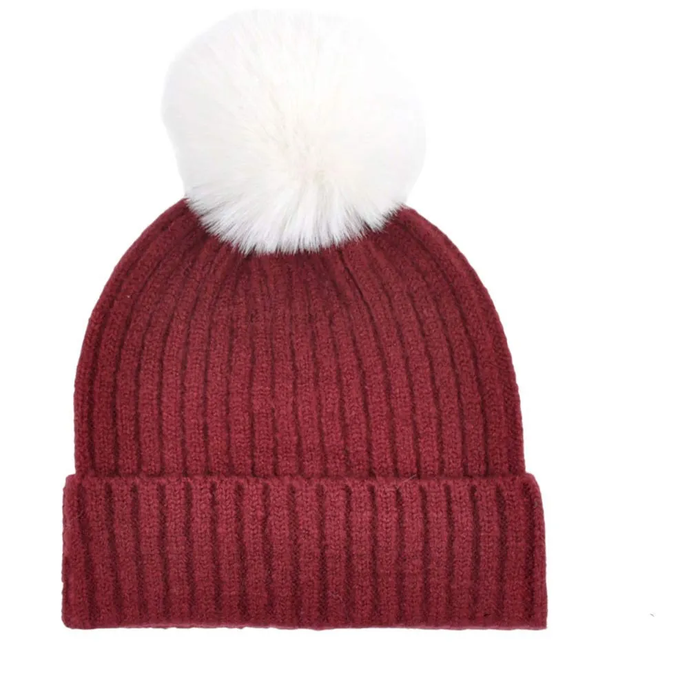 Solid Color Pom Pom Two Tone Beanie Hat