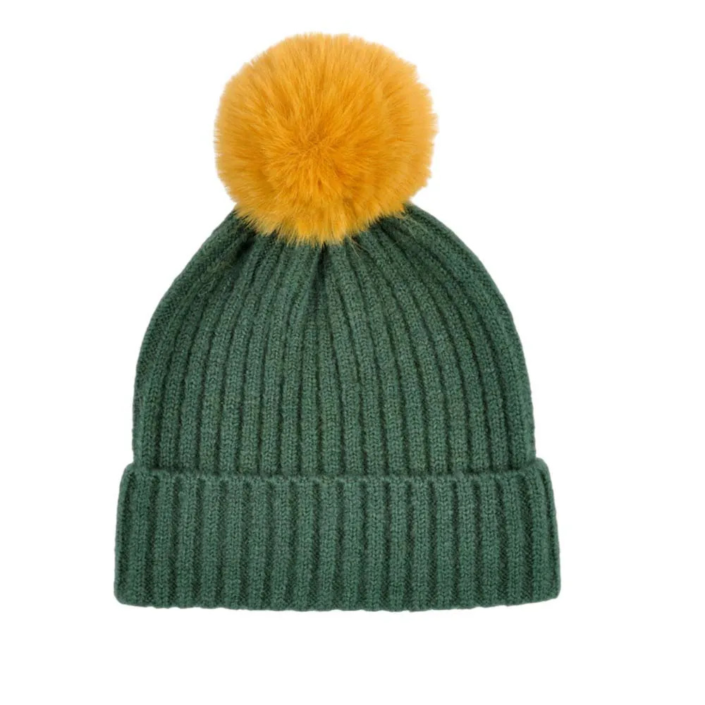 Solid Color Pom Pom Two Tone Beanie Hat