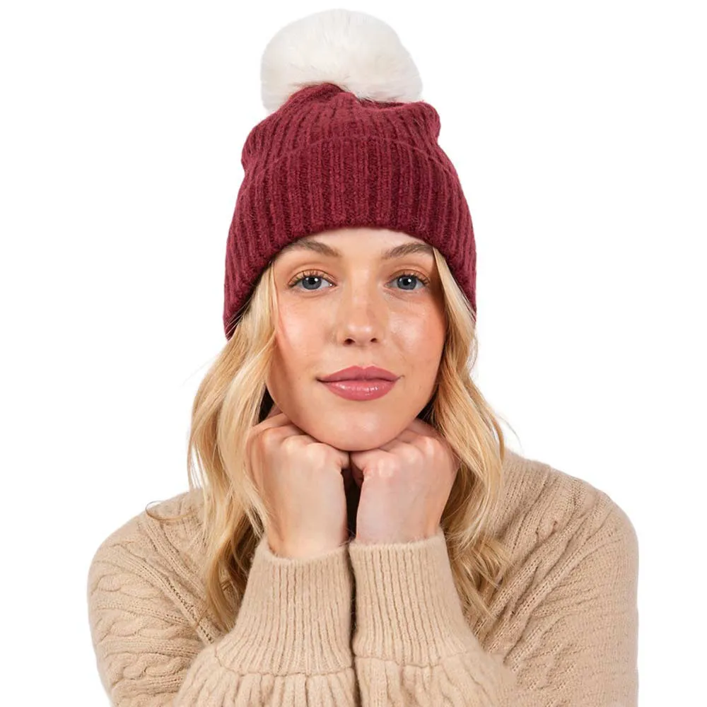 Solid Color Pom Pom Two Tone Beanie Hat