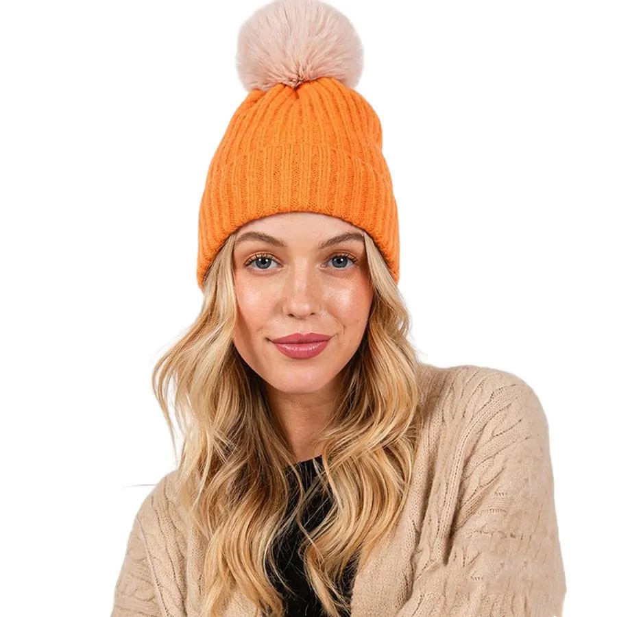 Solid Color Pom Pom Two Tone Beanie Hat