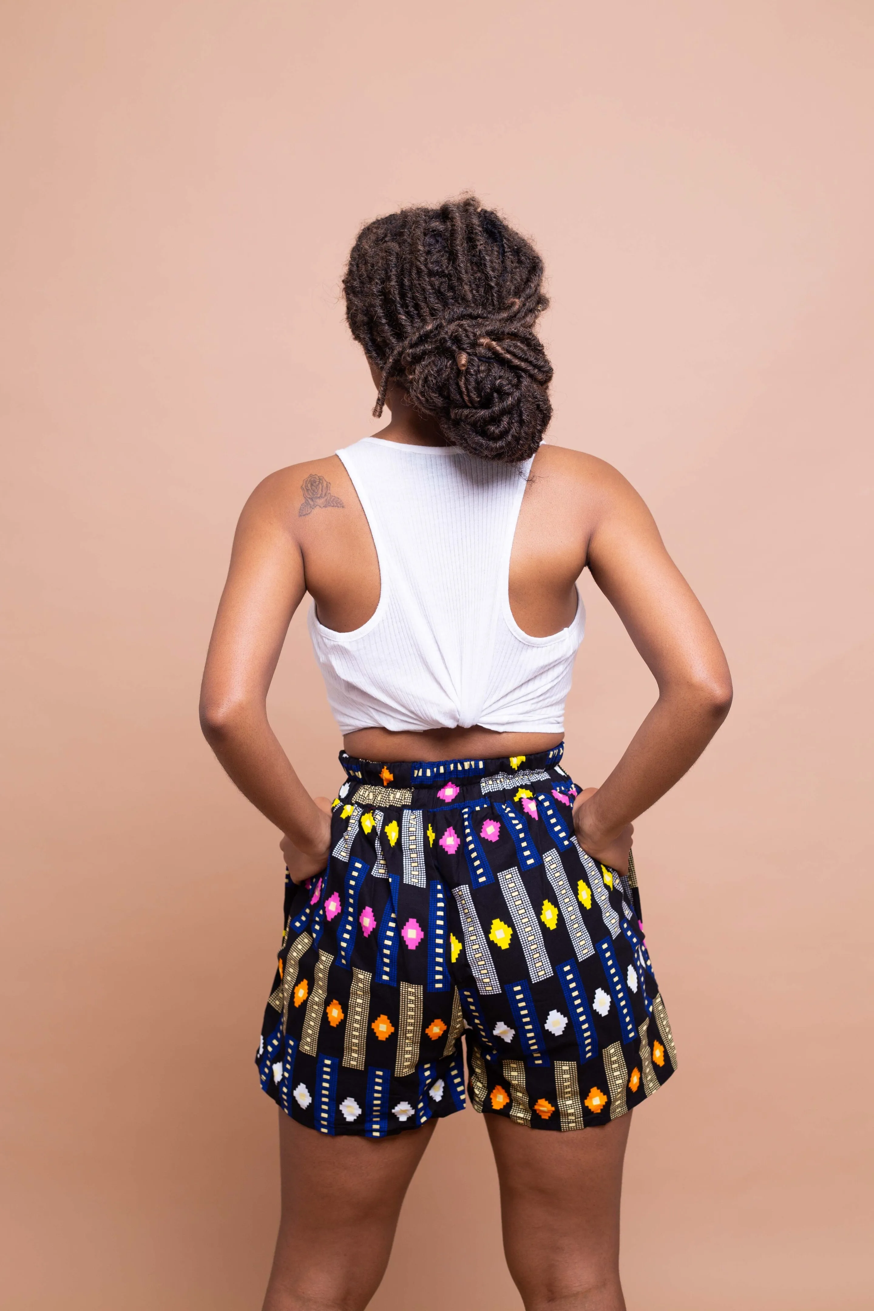 Tanya Ankara High Waisted Shorts | Black and Blue Multicolored African Print