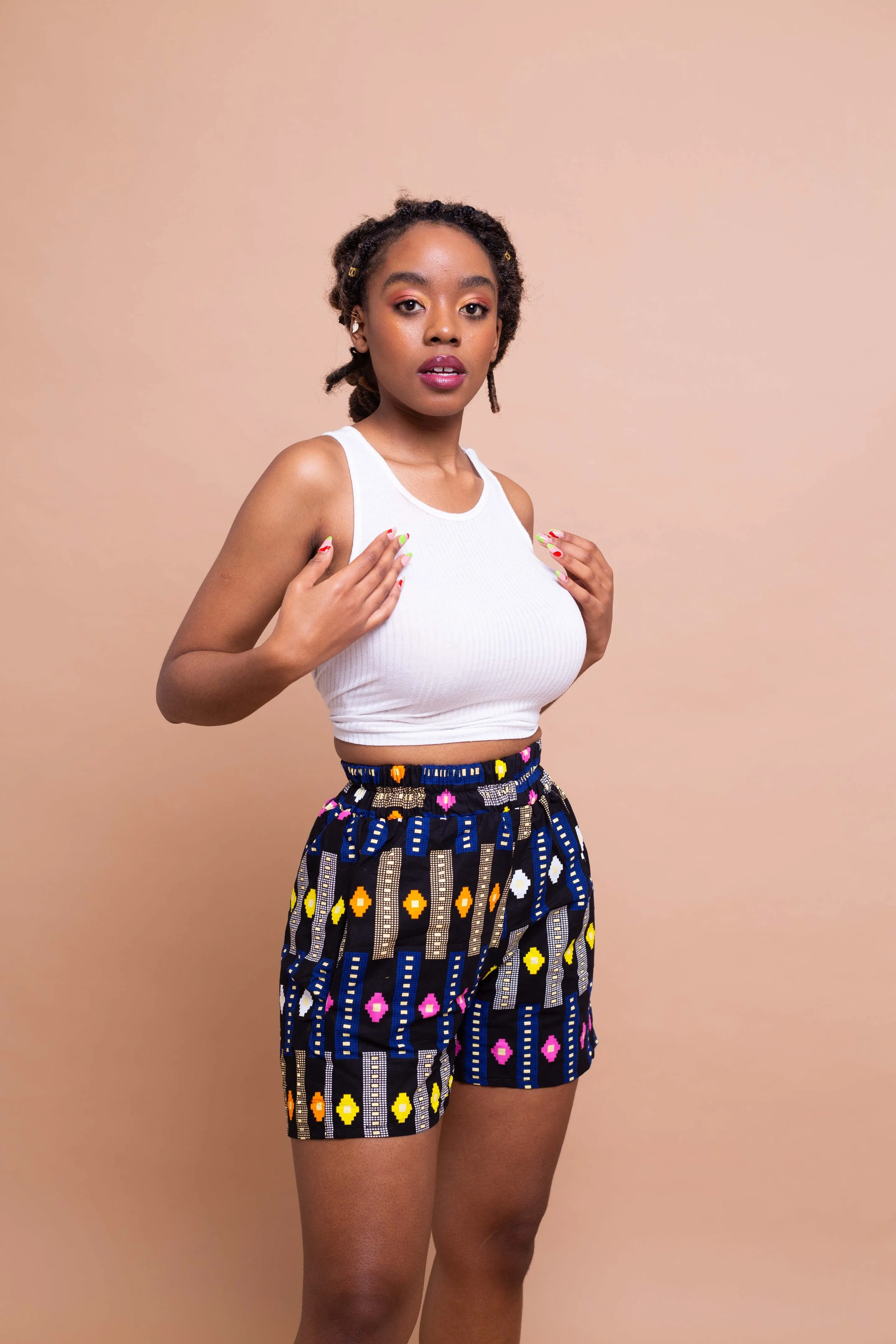 Tanya Ankara High Waisted Shorts | Black and Blue Multicolored African Print