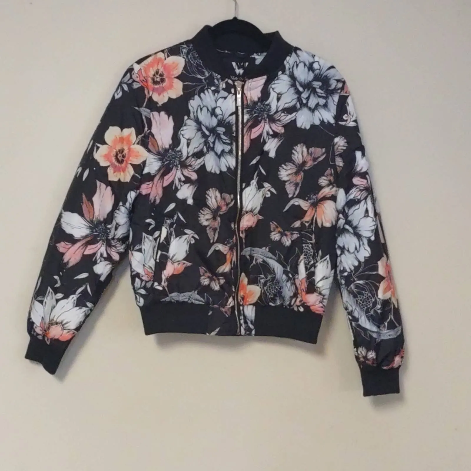 White Mark Floral Bomber Jacket Black Medium