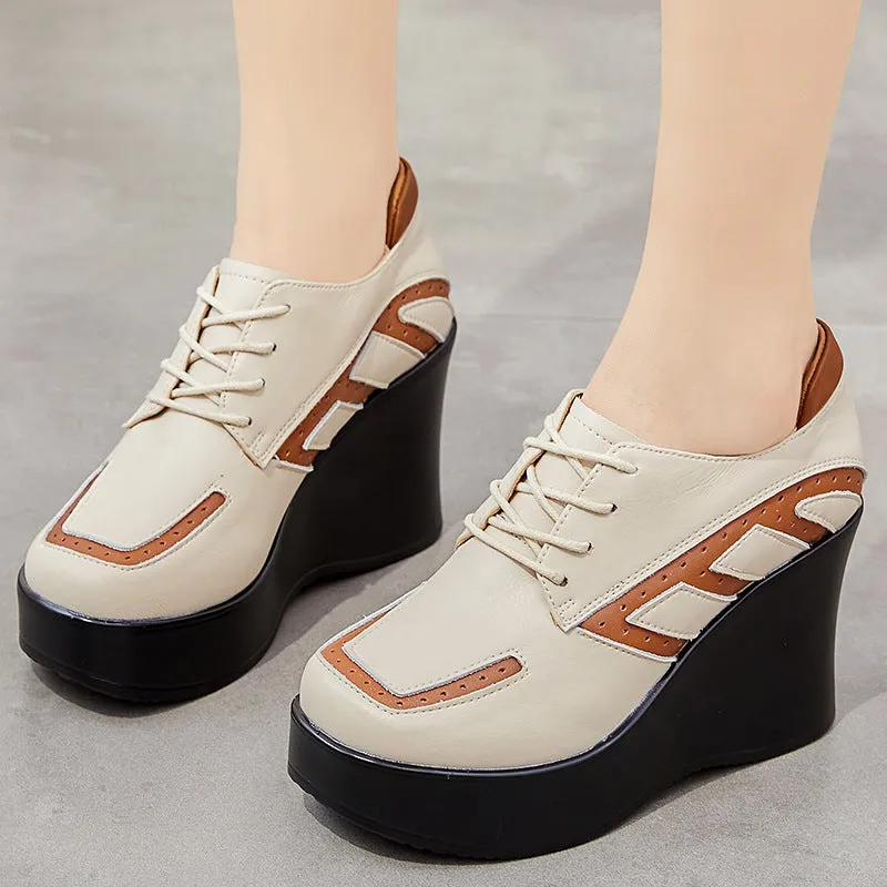 Women Cowhide Color Matching Thick Wedge Casual Shoes