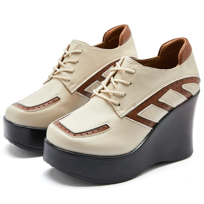 Women Cowhide Color Matching Thick Wedge Casual Shoes