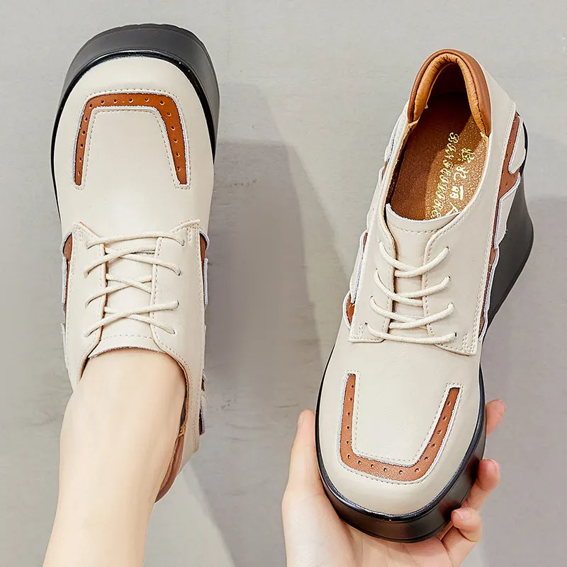 Women Cowhide Color Matching Thick Wedge Casual Shoes