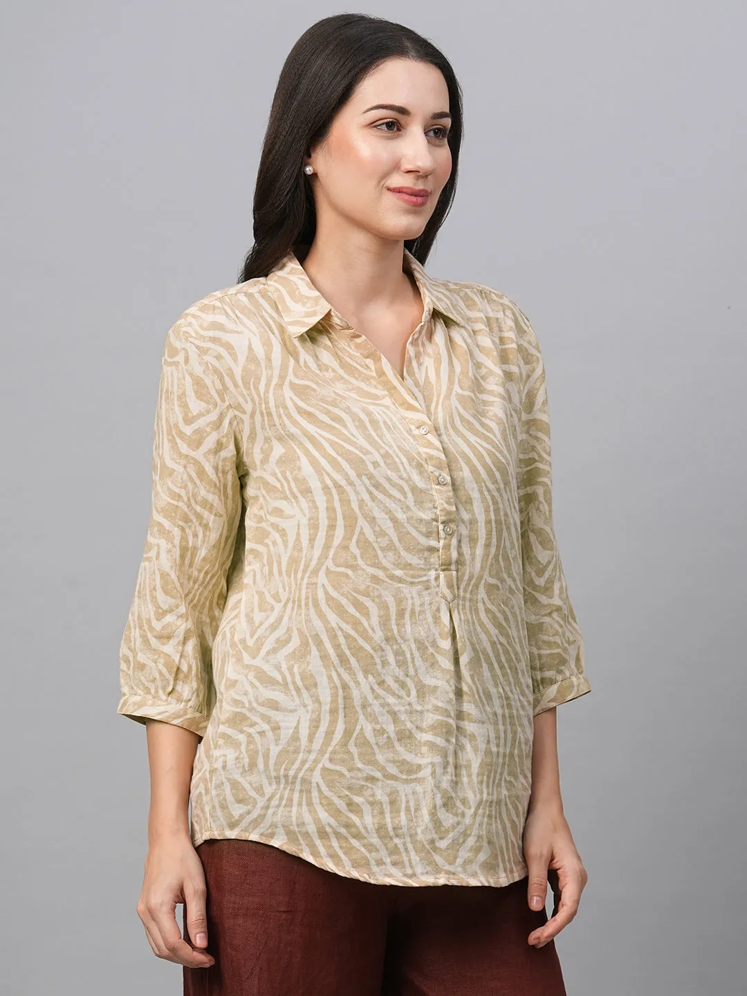 Women's Beige Cotton Linen Regular Fit Blouse