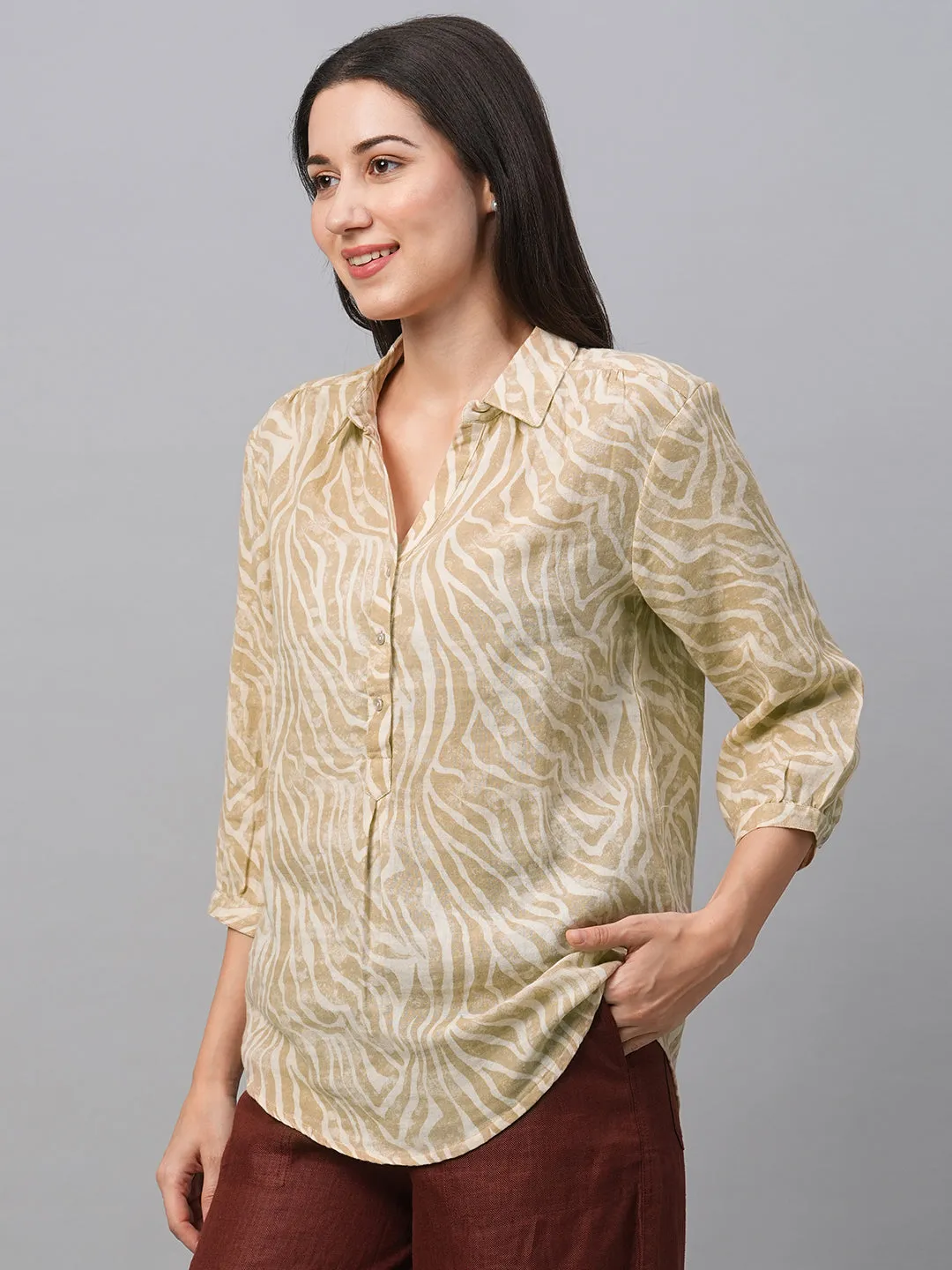 Women's Beige Cotton Linen Regular Fit Blouse