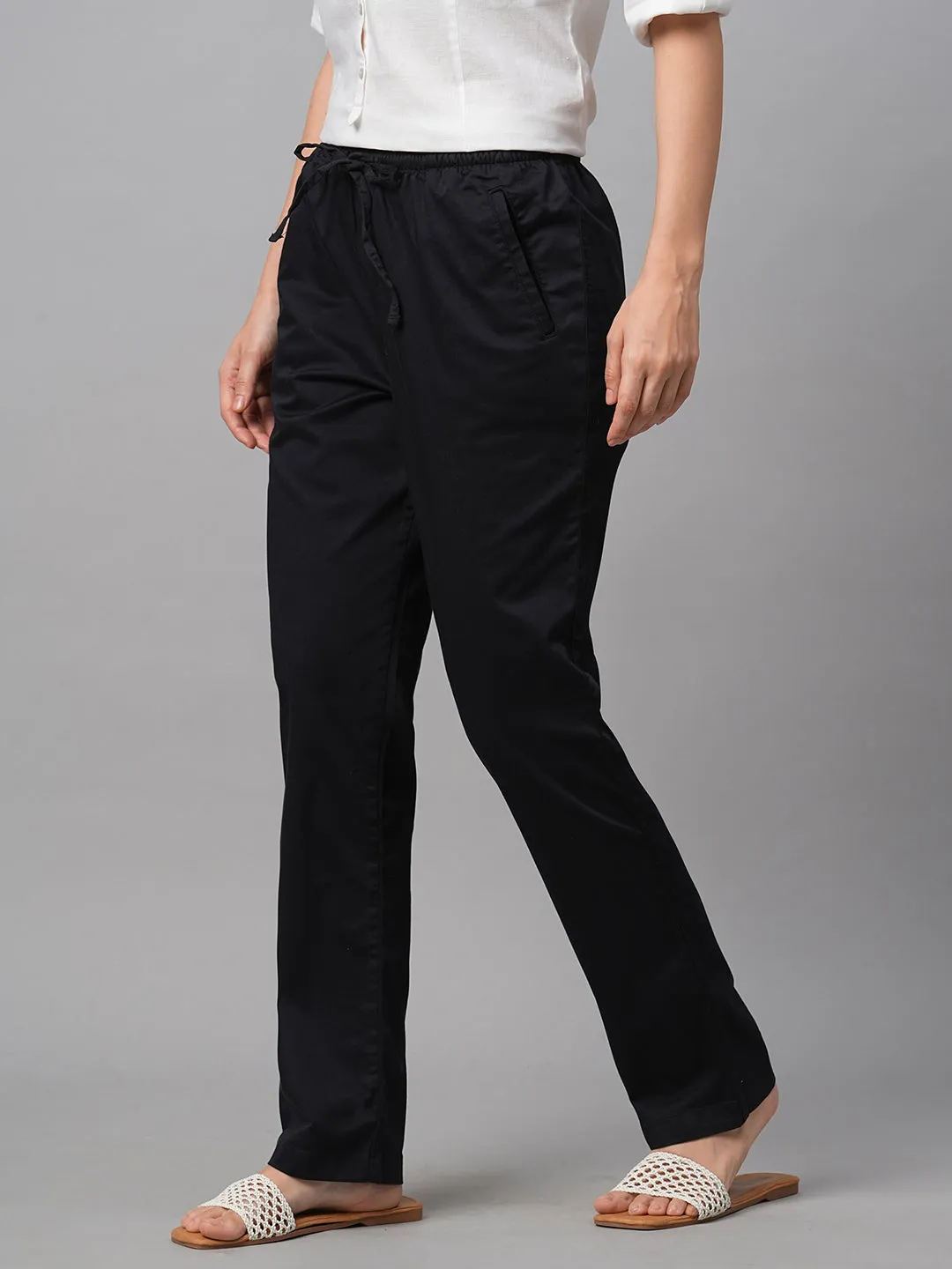 Women's Black Cotton Lycra Regular Fit Pant