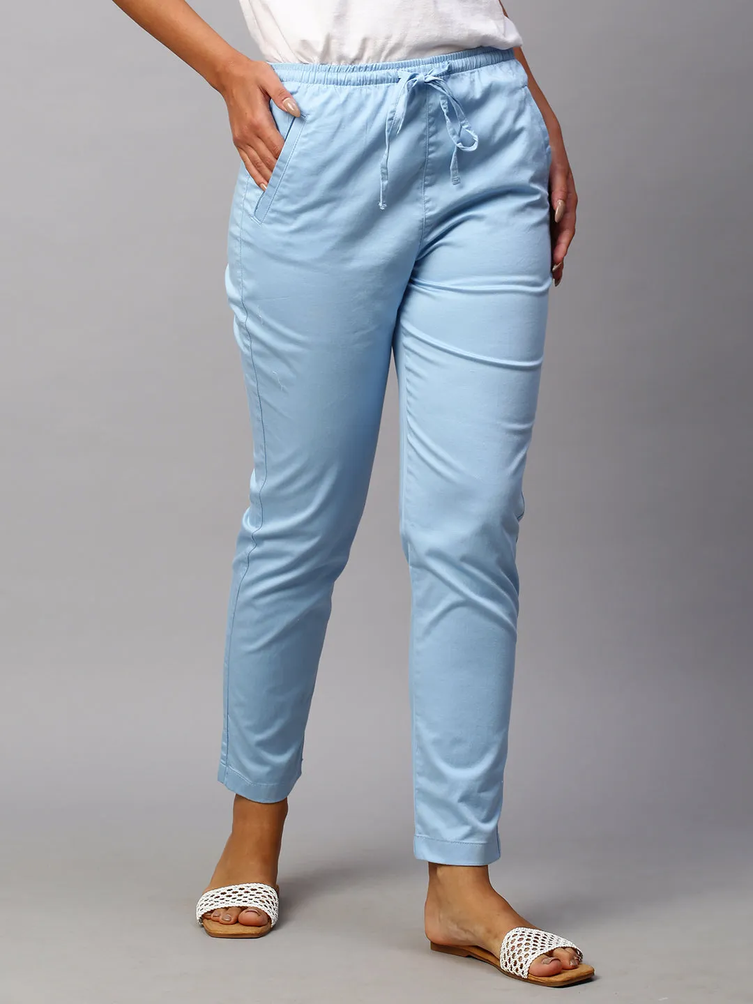 Women's Blue Cotton Lycra Regular Fit Pant