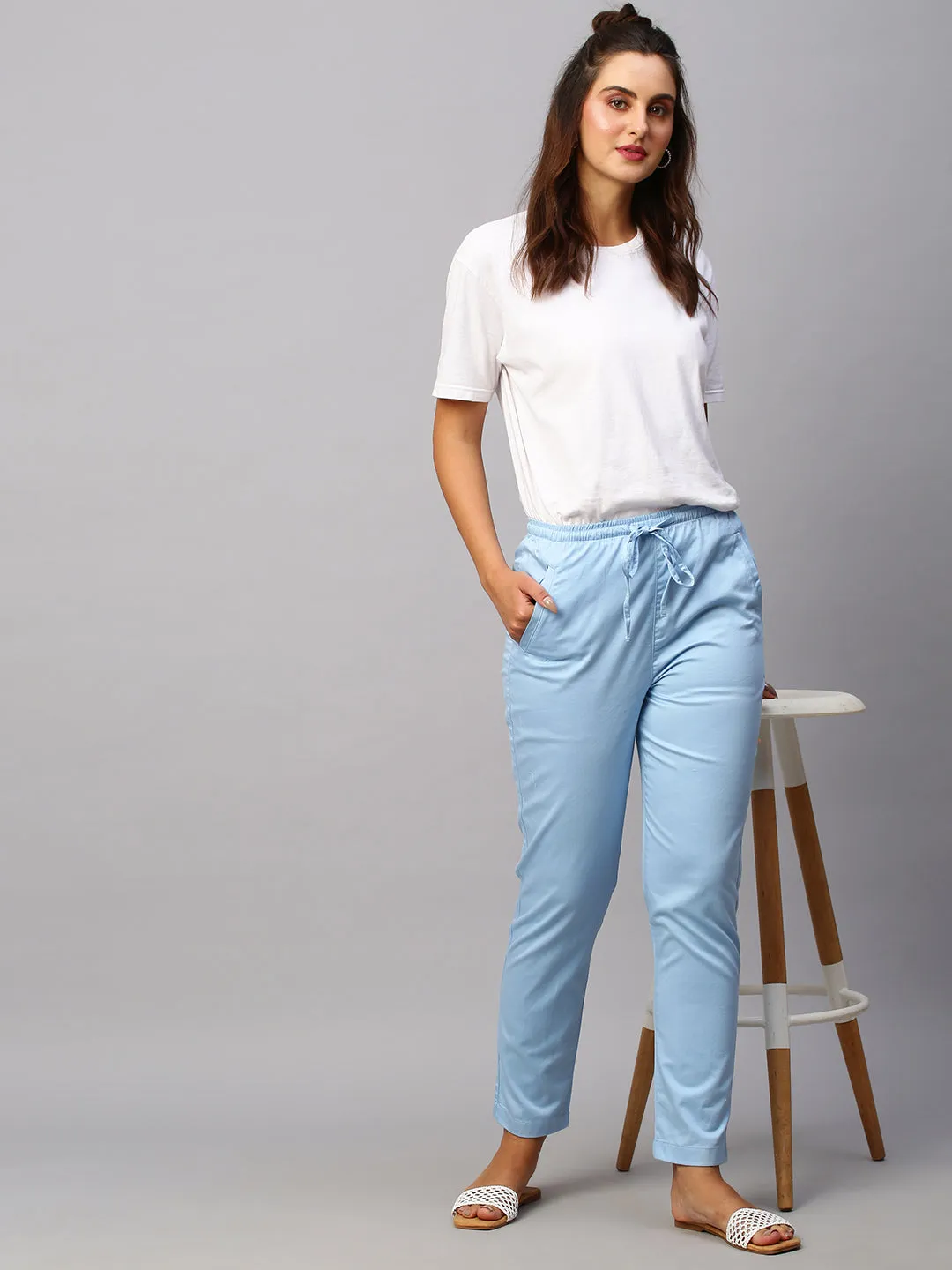 Women's Blue Cotton Lycra Regular Fit Pant