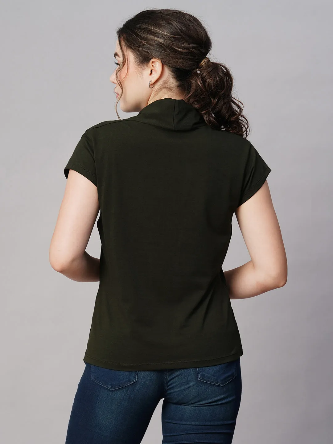 Women's Green Cotton Elastane Slim Fit Tshirt