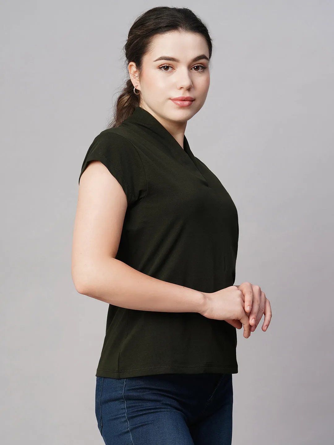 Women's Green Cotton Elastane Slim Fit Tshirt